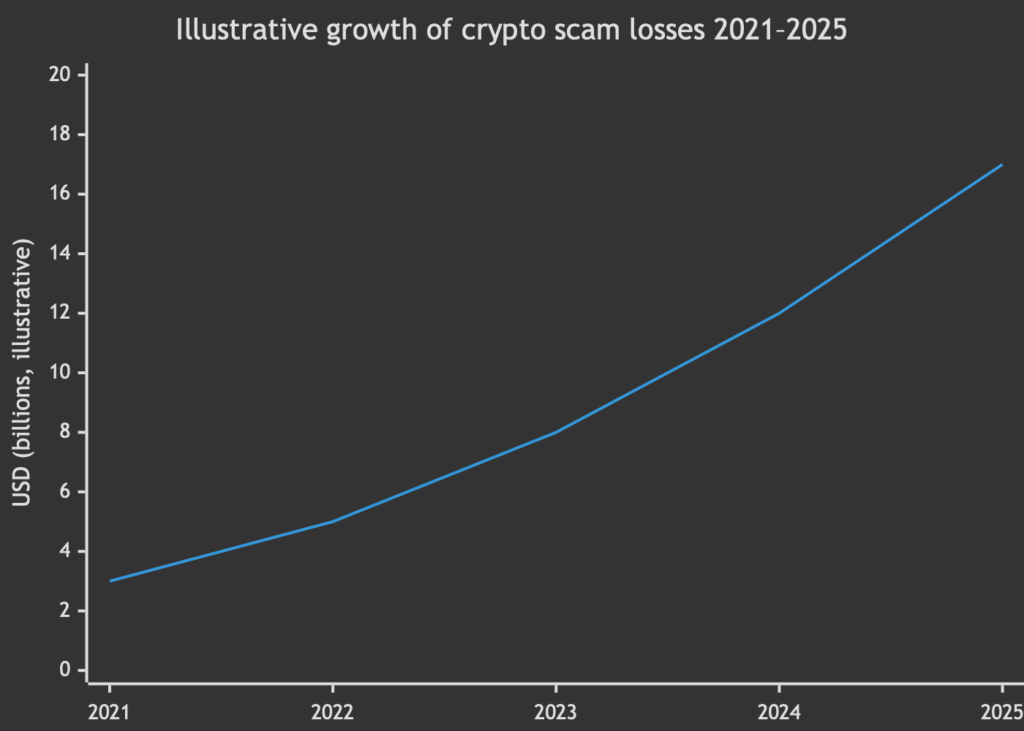 Illustrative growth of crypto scam losses 2021–2025